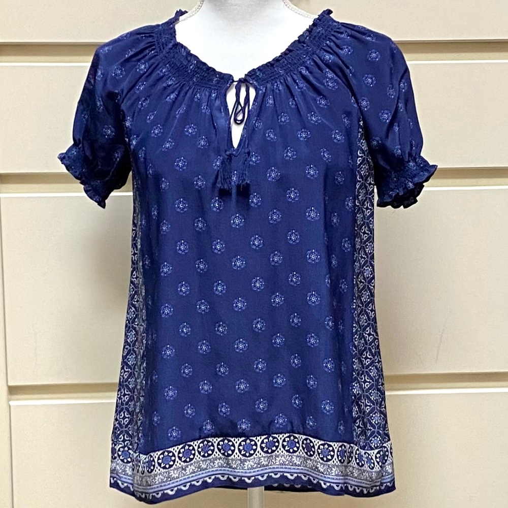 Joie Masha Ornate Border Silk blue top XS